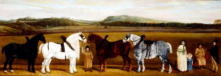 Inglês Farm Family com seus cavalos de tração